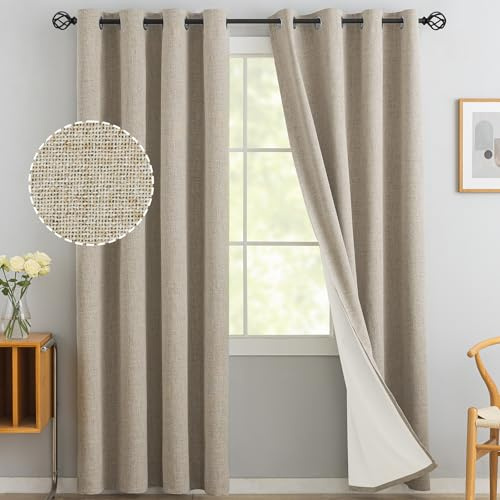 Yakamok Natural Linen Textured Curtains 84 Inches Long for Living Room | 100% Blackout Curtains,Room Darkening Drapes,Thermal Grommet Bedroom Curtain 2 Panels with Greyish White Liner,52W x 84L