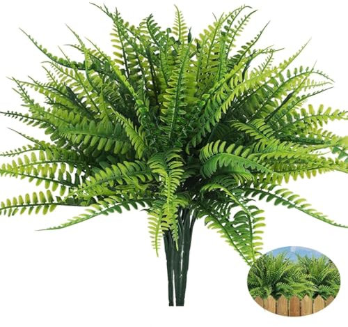 Aestustheri 8PCS Artificial Plants Outdoor - UV Resistant Fake Persian Grass Fern Shrubs, Green Plastic Greenery for Indoor and Outdoor Hanging Planter, Home and Garden Decoration