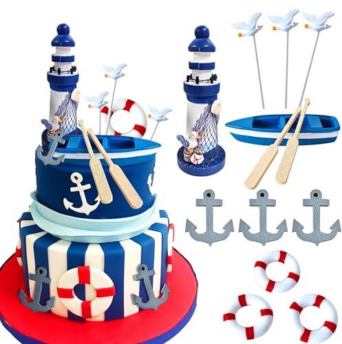 LaVenty Nautische kuchendekoration Rettungsring Schiff Deko Maritime | Nautische kuchendekoration Rettungsring Schiff Deko Maritime Tortendeko Schiffsanker Kuchen Deko Mini Leuchtturm Figuren
