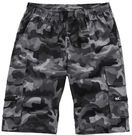 YOUTHUP Pantaloncini da Uomo Bermuda Leggeri Estivi Cargo Elastici in Vita Traspiranti Multitasche, Grigio Mimetico, L