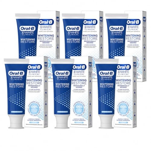 Oral-B 3D White Clinical Whitening Restore Toothpaste, Remove Surface Stains, Enamel-Safe Whitening Toothpaste, 70ml - Pack of 6