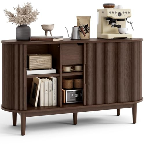 LINSY HOME Sideboard Buffet Cabinet with Storage, 55 Fluted Coffee Bar Cabinet with Tambour Sliding Doors and Drawer, Mid Century Modern Wood Storage Buffet Table for Kitchen, Vintage Walnut