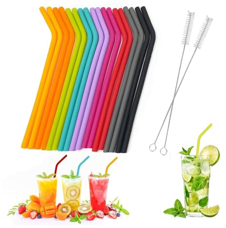 20PCS Silicone Straws Reusable Set 18Pcs Silicone Straws 2 Cleaning Brushes | Flexible Multicolor Drinking Straws, Durable Bendy Straws for Stanley Regular Size Replacement for Cocktail, Juice, Beverages