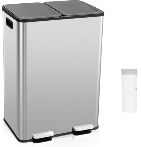 COSTWAY 60L Double Rubbish Bin, 2x30L Stainless Steel Recycle Pedal Kitchen Bin with Removable Buckets, Deodorizer Box, Soft Close Lid & Handles, Airtight Dustbin Trash Can (Silver with 15 Trash Bags)