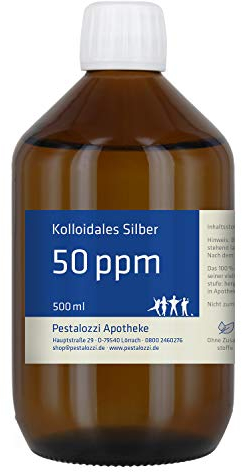 Pestalozzi Apotheke - Kolloidales Silber 50 ppm – 100% natürliches Silberwasser in Apothekenqualität, hochrein & ohne Zusatzstoffe, vielseitig anwendbar, Braunglasflasche – 500 ml
