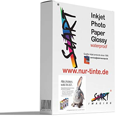 Start - 100 Blatt DIN A4 150g/m² Fotopapier Glossy für Tintenstrahldrucker (InkJet), einseitig, sofort trocken, wasserfest, hochweiß, hohe Farbbrillianz