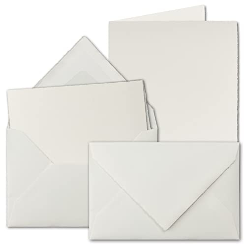 25x B6 Vintage Faltkarten-Set mit gefütterten Briefumschlägen, Büttenpapier, 113 x 175 mm - hoch-doppelt, Naturweiß - Karten aus Büttenpapier