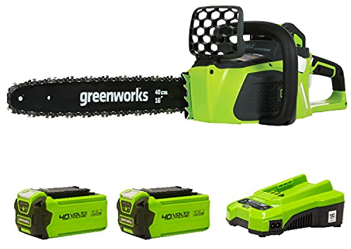 Greenworks Motosierra de batería GD40CS40K2x (Li-Ion 40V 11 m/s velocidad de la cadena 40cm longitud de sable 180ml volumen del tanque de aceite motor sin escobillas con 2x 2Ah batería y cargador)