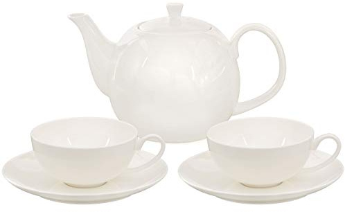 Buchensee Teeservice aus Fine Bone China Porzellan. Teekanne in fein-cremigem Weiß mit 1,5l Füllvolumen, 2 Teetassen und 2 Unterteller.
