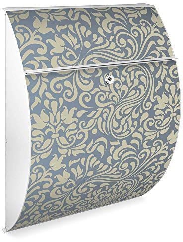 banjado Design Briefkasten - Modell Riviera 46x33,5x13cm groß - verzinkter Stahl weiß - Postkasten Öffnungsstopp großer A4 Einwurf Zylinderschloss 2 Schlüssel - Motiv Blaues Ornament