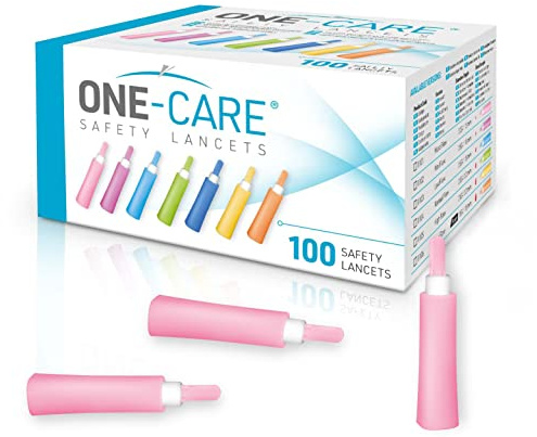 ONE-CARE Safety Lancets, 30G x 1.5mm, Push Button Activation, Gentle, Pre-Loaded, 3-Steps Only, Diabetes Testing, Sterile, Finger Self Prick Device, Glucose Monitor, Single Use, 100/Box