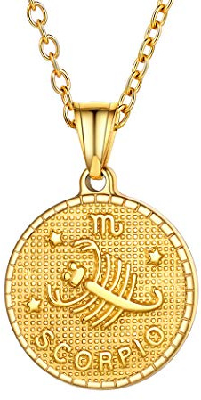 Suplight Gold Scorpio Coin Necklace Custom Name Jewelry Stainless Steel Horoscope Constellation Zodiac Star Sign Charm Necklace for Women Men Birthday