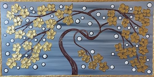DORON ARTE QUADRO MODERNO ASTRATTO DIPINTO A MANO TELAIO GALLERY BORDI DIPINTI - ALBERO DELLA VITA FIORI ORO - 1 metro x50x4 cm -RIF174
