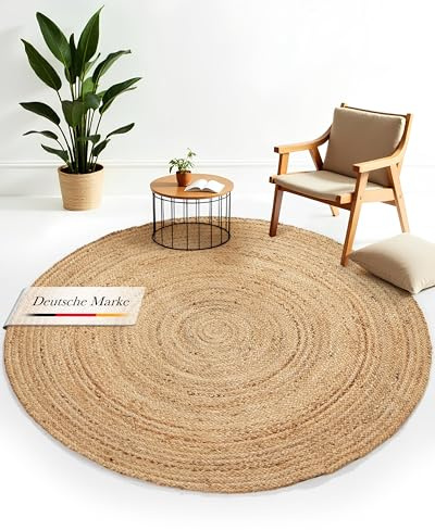 carpetfine Tappeto di Iuta Nele rotondo colore naturale Beige Ø 150 cm tessuto a mano di iuta | Tappeto naturale stile boho Tappeto rotondo a tessitura piatta per soggiorno, camera da letto e cucina