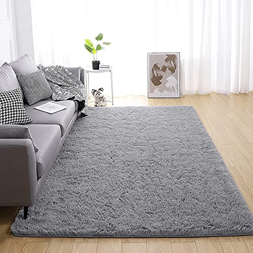 KINGSON Teppich Wohnzimmer, Teppich Waschbar Langflor Hochflor Teppiche Modern Flauschig Grau Rosa Weiß fürs Wohnzimmer, Schlafzimmer und die Küche Geeignet (Neu Reines Grau, 140 * 200cm)