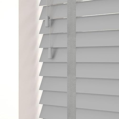 Funky Gadgets Faux Wood Blinds Window Venetian Blinds with Strings and THE OTHER with TAPE Window Blinds Smooth 50mm Slats TRIMMABLE Easy Fit Home Office (Grey With Tape, 60cm width x 213cm drop)