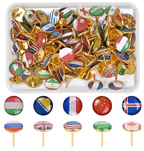 Jinlaili 100 STK Dekorative Reißzwecken, 10mm Nationalflagge Pinnwand Nadeln, Pinnnadeln Pinnwand, Kreativ Reißnägel, Reiszwecknadeln Pins, Runde Thumb Tacks für Wandkarten, Fotos, Kork Boards