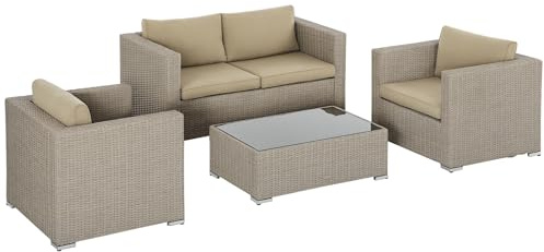 Outsunny 4-TLG. Polyrattan Gartenmöbel Set Gartengarnitur Garten-Set Sitzgruppe Loungeset Loungemöbel mit Couchtisch Sitzkissen Khaki+Beige