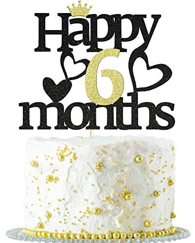 Sotpot Happy 6 Months Birthday Cake Topper Black Gold Glitter 1 Pack Half Birthday Cake Decorations for Baby Shower 1/2 Birthday Party Supplies