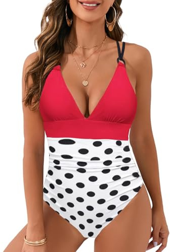 JFAN Bañador Mujer Reductores Traje de Baño de Una Pieza Sexy con Cuello en V Profundo Elegante Ropa de Baño Push Up de Playa，Rojo + Lunares L