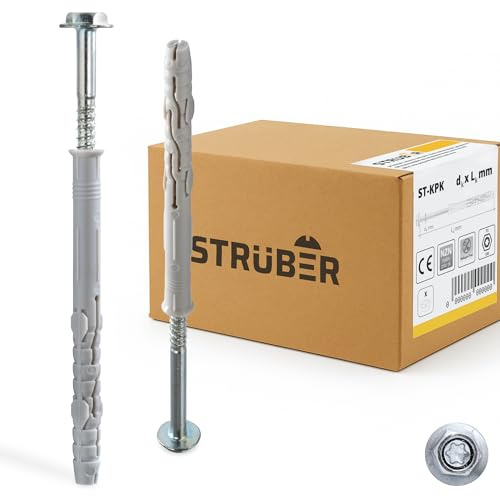 STRÜBER Rahmendübel mit Sechskantschraube Torx 8x100 mm, 100 Stück | Scheibenkopf mit SW-Antrieb, TX-Buchse, Fensterrahmendübel, Langschaftdübel, Wandrahmenbefestigung, Nylondübel, ETA Zulassung