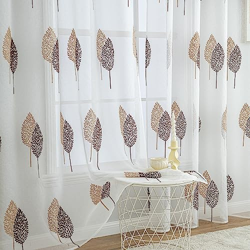 MIULEE Kurz Gardinen mit Kaffee und Braun Blätter Muster 2er Set 140x145cm | Modern Stickerei Wohnzimmer Vorhänge Transparent mit ösen für Schlafzimmer Deko, Schöne Blätter Muster Vorhang Fenster