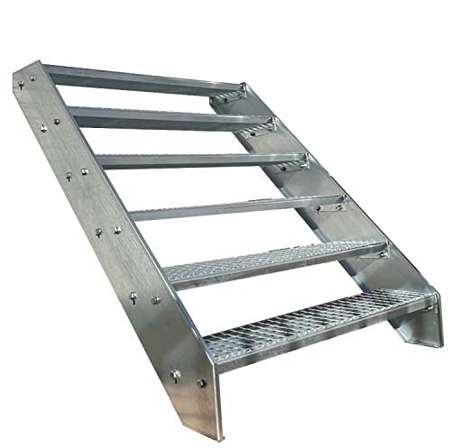 Premium Caillebotis acier Escalier à limon 6 Marches Entièrement galvanisé - Dimensions (L x l x H) 120cm x 80cm x 114cm Résistant aux intempéries et protégé contre la corrosion