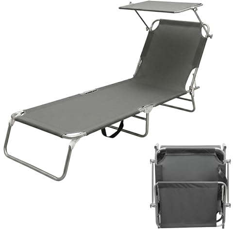 Spetebo 3-Bein Gartenliege klappbar mit Sonnendach - dunkelgrau - Relax Sonnenliege mit 4-Fach verstellbarem Rückenteil - Liege für Camping Garten Pool Spa Wellness