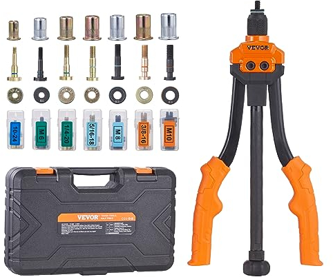 VEVOR Riveteuse Manuelle pour Écrou à Sertir 35 cm Pince à Insert Fileté avec 7 Mandrins 70 Écrous de 7 Tailles Outil à Riveter Dérivetage avec Mallette Portable pour Automobile Bricolage Construction