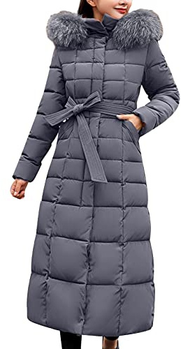 TEPTDirio Women's Long Quilted Coat Hooded Down Jackets Maxi Length Long Sleeve Puffer Jacket Padded Coat Windbreaker with Belt Ladies Plus Size Cardigan Tops Winter Warm Outerwear