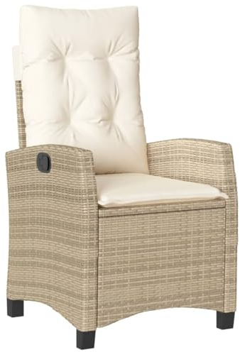 vidaXL Gartensessel mit Kissen, Gartenstuhl mit Verstellbarer Rückenlehne, Liegestuhl mit Stahlrahmen, Sessel Stuhl Relaxsessel, Beige Poly Rattan