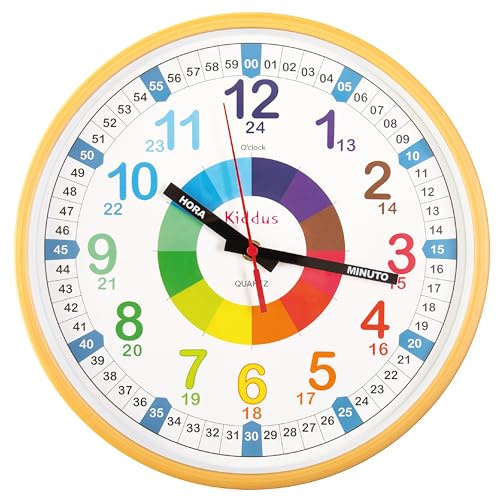 Kiddus Lernuhr Wanduhr Kinder 20cm, Pädagogische Uhr für Jungen & Mädchen, Lautloses Uhrwerk, Zeiger mit Stunde & Minute Beschriftung, Ideal für Schulanfänger - 10 Madera ES 30cm
