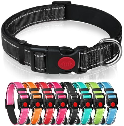Reflective Nylon Dog Collar with Safety Buckle, Adjustable Pet Collars with Soft Neoprene Padding (Black, S)