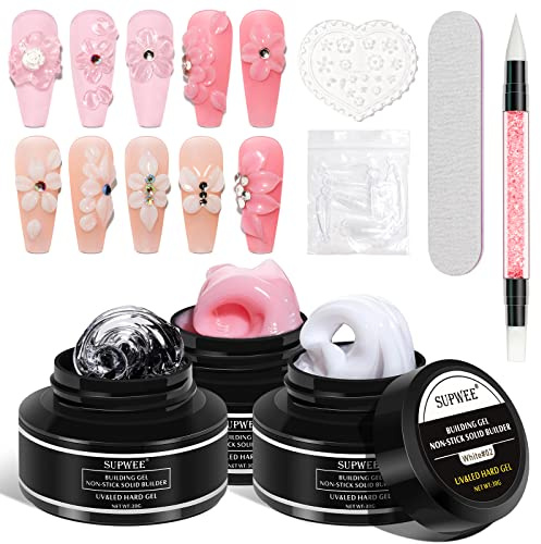 SUPWEE 3D Gel for Nails, 3 Colors Clear White Pink 3D Sculpting Nail Gel | Carving Patterns Decoration Nail for Nail Extension Gels DIY Nail Art at Home