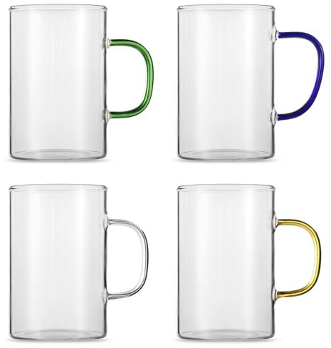 Generic Set di 4 tazze da caffè in vetro, 473,6 ml, con bocca larga, in vetro trasparente con manico colorato, perfette per latte, bustina di tè, succhi di frutta, 500 ml