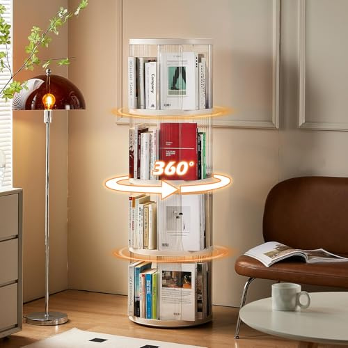 ELPHECO Rotating Bookshelf, Small Corner Bookshelf for Small Space, 360 Display 4 Tier Floor Standing Bookcase, Plastic Narrow Book Shelf Organizer for Living Room (White Transparent, Round)