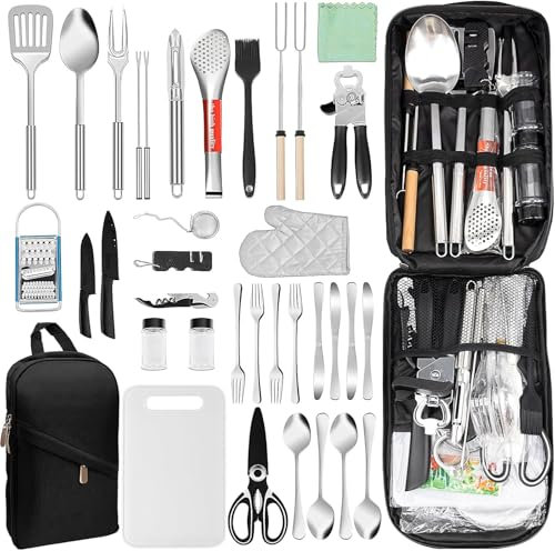 Camping Cooking Utensils Set, 35 Pcs Portable Camping Kitchen Utensil Gear Accessories with Tongs, Storage Bag, Outdoor Travel Kitchen Cooking and Grilling Essentials for Picnic, RV, Party, BBQ