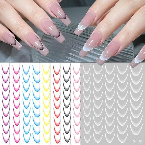 Lot de 9 autocollants colorés pour décoration d'ongles de ligne française, autocollants à ongles avec pointe française de couleur dégradée, guides de pointes d'ongles autocollants, autocollants de