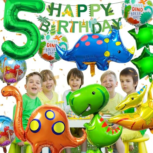 YianHien Dino Kindergeburtstag Deko für 5 Jahre Jungen & Mädchen, XXL Dinosaurier Folienballon mit Banner & Zahlenballons, Dino Kinder Geburtstag Party Luftballon Deko Set, Dschungel Theme Party Deko