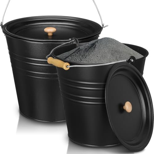 LOYIM Schwarzer Ascheeimer mit Deckel, Kamin-Metalleimer, Holzkohleeimer, Aschedose, Kaminwerkzeug für Kamine, Feuerstellen, Herd, Holzöfen, drinnen und draußen, 2 Stück