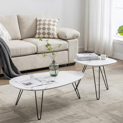 Couchtisch 2er Set, Wohnzimmer Beistelltisch-Set für Kaffee und Laptop, Kaffeetisch Marmormuster skandinavisch Wohnzimmertisch weiss, Sofatisch Wohnbereich Tische oval Wassertropfenform, weiß
