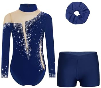 Alvivi Mädchen Turnanzug Glitzer Gymnastikanzug Langarm Gymnastik Leotard mit Kurze Hose Haarband Gymnastikbody Turntrikot Gymnastik Kleidung