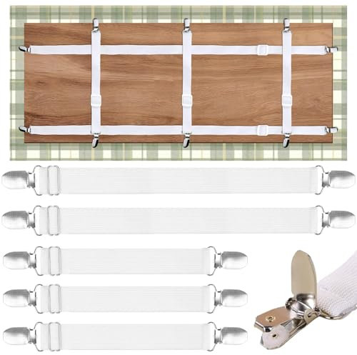 Tablecloth Clips Hidden Strap 5 Pack, 2 sizes Adjustable Elasticity Picnic Table Cloth Holder Clip Bed Sheet Clips Indoor Outdoor for Thick Tables, Picnic Covers, Camping, RVs Essential Accessories.