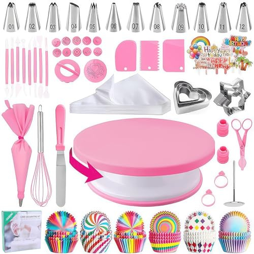 OUZHOU Cake Decorating Kit, 255 Pcs Cake Decorating Tools with Cake Turntable, Piping Bags and Nozzles Cake Decorations Making Equipment, Icing Piping Kit Cake Baking Accessories for Beginners (Pink)