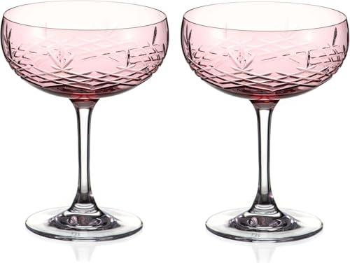 DIAMANTE Frederik Bagger Gatsby Saucers Hand Cut - Set of 2 Pink Champagne Cocktail Saucer Coupes (Pink)