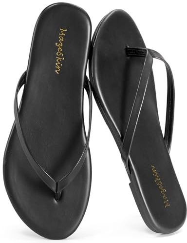 mazeskin Womens Memory Foam Flip Flops Flat Thong Sandals Black US8 | Soft Vegan Leather Comfortable Cushioned Casual Dressy Beach Summer Minimalist Slim Slide Shoes Indoor Outdoor