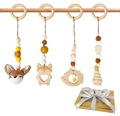 GYHWOFUL 4er Set Spielbogen Baby Anhänger Holz mit Glöckchen – Handgefertigte Häkel-Fuchs Figuren, Spielbogen Spielzeug ab 0 Monate für Babys, Baby Gym Anhänger für Spielbogen, Babyschale, Kinderwagen