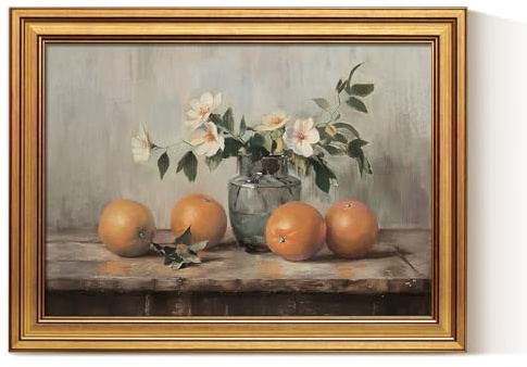 ARPEOTCY Leinwand Bilder mit Rahmen, Klein Vintage Blumen und Orangen Wanddeko, 40x30cm Wandbilder für Küche, Wohnzimmer Café, Bauernhaus Zimmer Deko Aesthetic