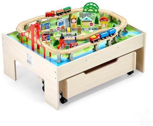 VEVOR Mesa de Actividad de Tren 100 Piezas de Madera 79x64x33 cm Mesa de Juegos de Tren Circuito de Ferroviarias Juguetes Creativos con Cajón Rodante de Almacenamiento para Facilitar Organización