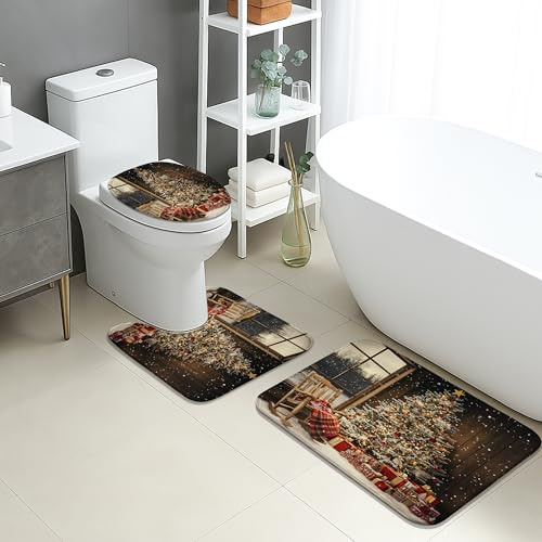 Weihnachts-Badematten-Set, 3-teilig, rustikale Winterszene, saugfähig, rutschfest, WC-Vorleger, U-förmig, waschbar, gemütlich, schnell trocknend, Flanell-Badezimmerteppich-Set